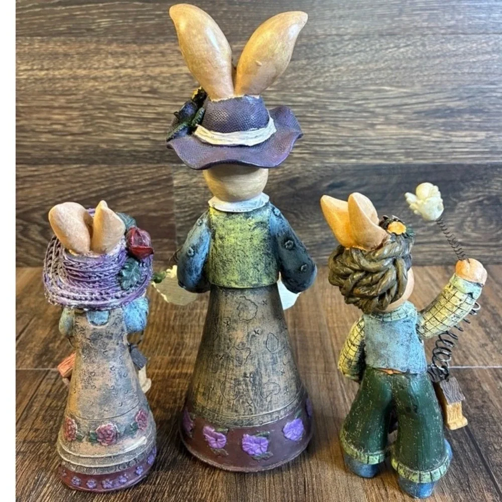 Vintage Style Resin Easter Bunny Figurines Set 3 Piece Primitive Spring Decor